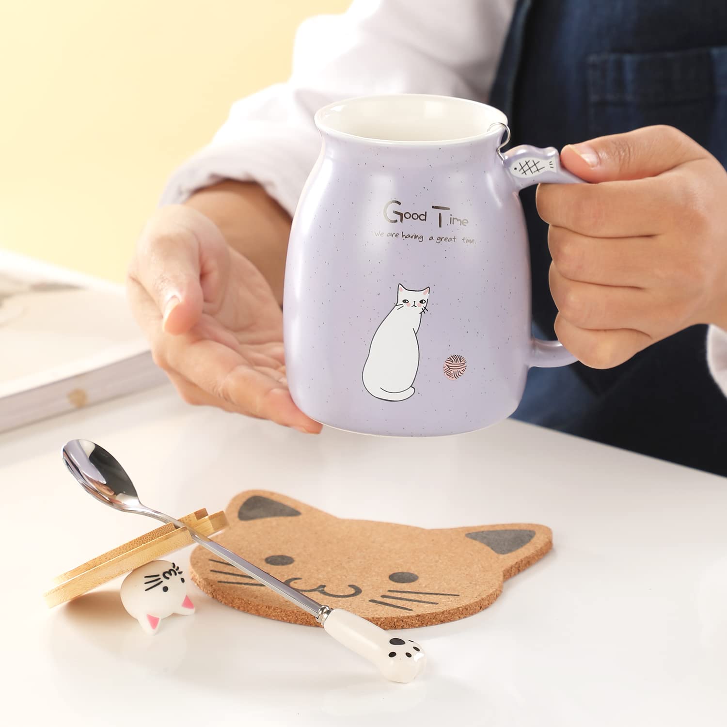 BigNoseDeer Cat Mug Kawaii Tea Cup with Infuser and Lid Purple Cat Ceramic Coffee Mug Cute Cool Preppy Stuff Birthday Gifts for Mom Gifts for Women Girlfriend Girls Cat Lover Gifts(13oz) - Medaid International