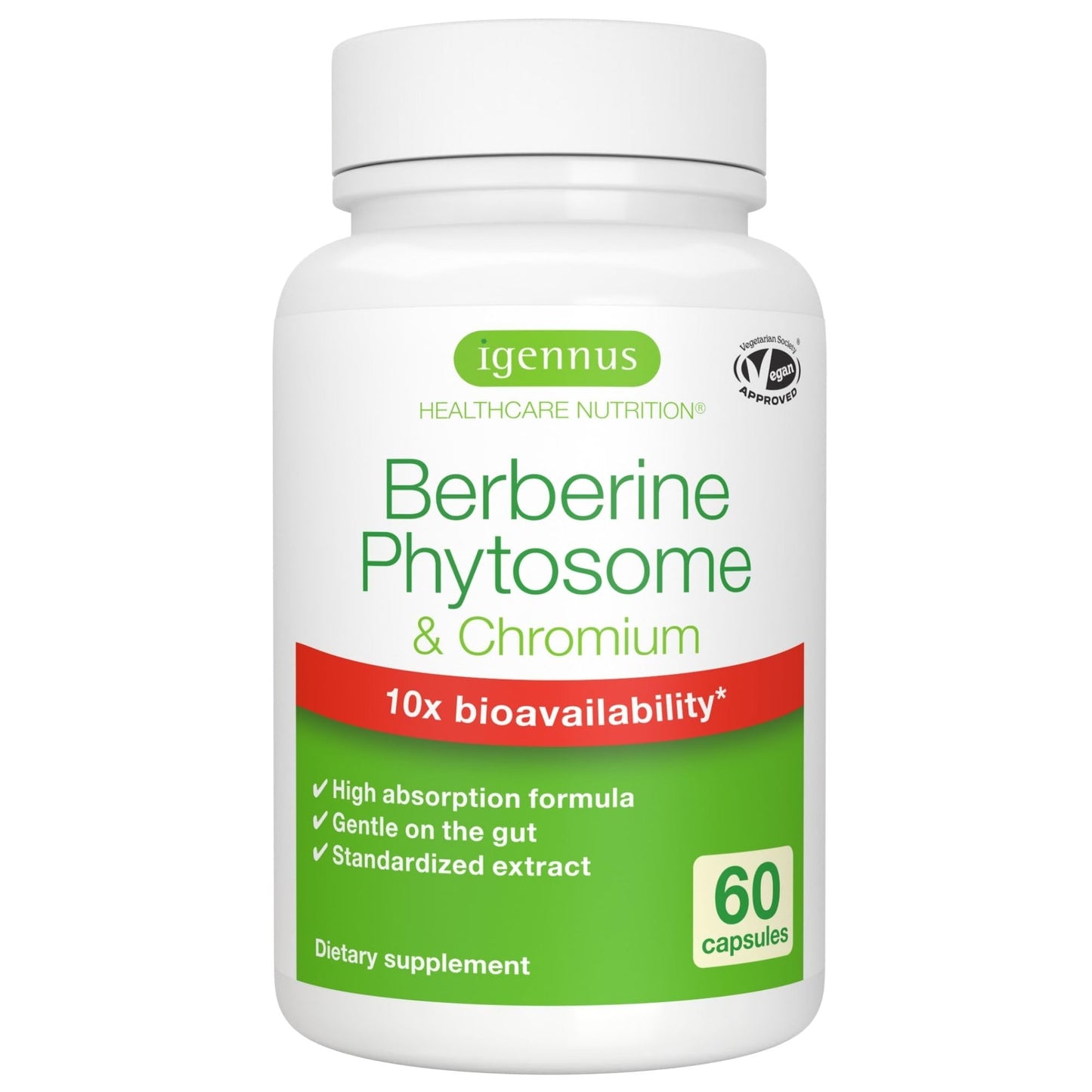 Igennus Dual Action Berberine Phytosome 550mg & Chromium Picolinate, 10x Absorption, Blood Glucose Control, Standardized Berberis Extract Supplement, Clean Label, Vegan, 60 Capsules - Medaid International