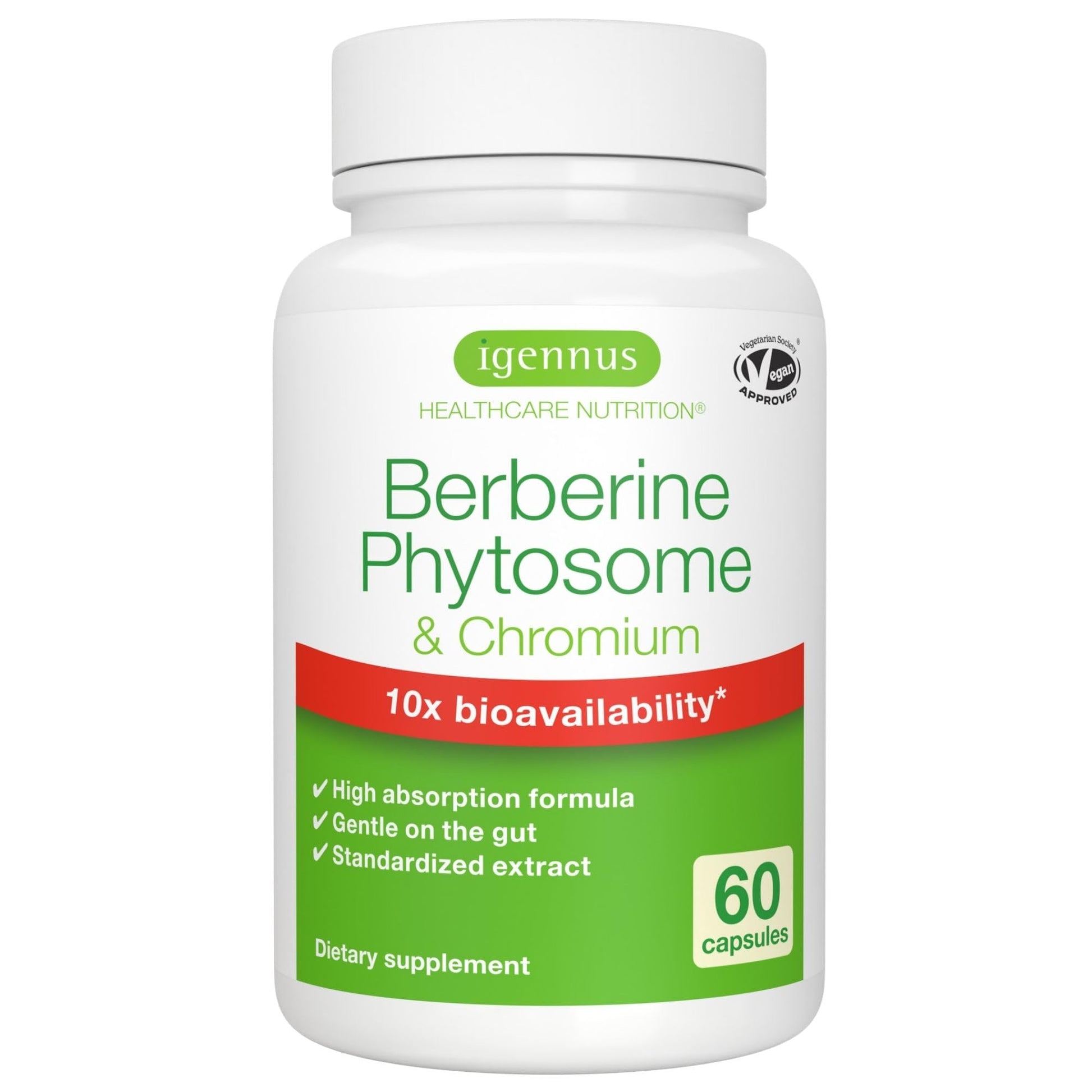 Igennus Dual Action Berberine Phytosome 550mg & Chromium Picolinate, 10x Absorption, Blood Glucose Control, Standardized Berberis Extract Supplement, Clean Label, Vegan, 60 Capsules - Medaid International