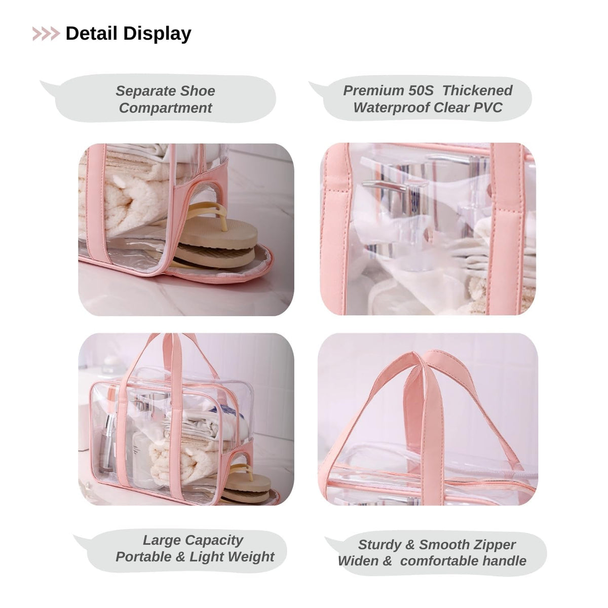 TERRIFI Large Clear Toiletry Bag for Women, Waterproof PVC Beach, Swim, and Gym Bag, Transparent Travel Makeup Cosmetic Organizer Tote, Clear Travel Accessories Bag (Pink)