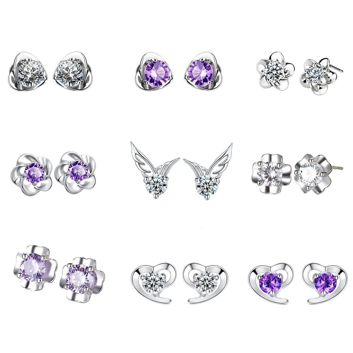 TERRIFI 925 Sterling Silver Stud Earrings Set, Hypoallergenic Sterling Silver Earrings For Women, Flower Clear Cubic Zirconia Stud Earrings, 9 Pairs Different Sizes Sterling Silver Earring Studs