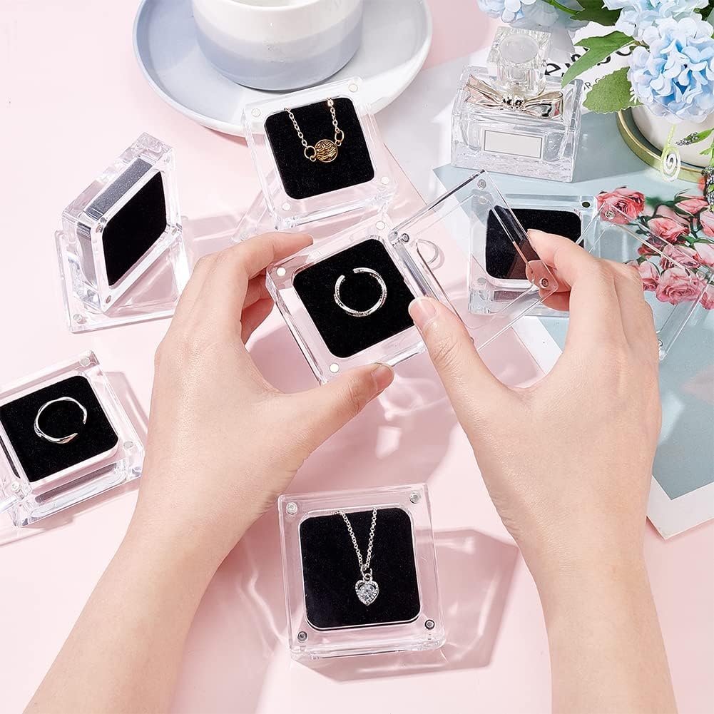 TERRIFI 6 Pcs Acrylic Ring Box with Black Velvet, Clear Jewelry Storage Magnet Case, Suitable for Wedding Day, Proposal, Jewelry, Anniversary (2.3x2.3inch)