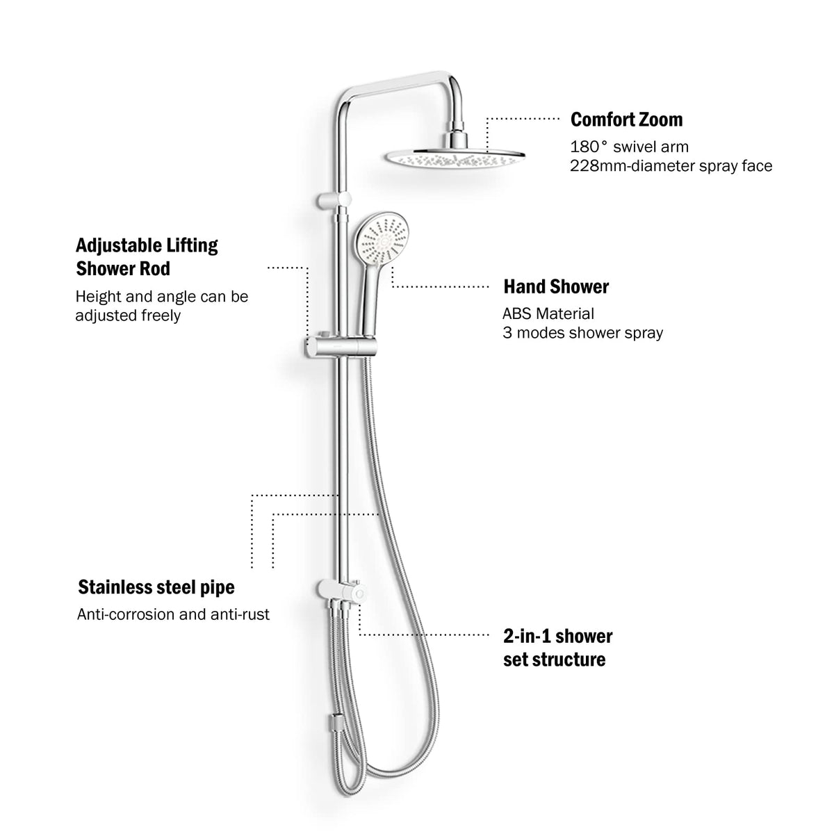 JOMOO Bathroom Shower Set, Rainshower and Bathroom Fixtures without Tap, Shower System included Rainfall Shower Head, Handheld Shower, Hoses for Bathroom, Chrome