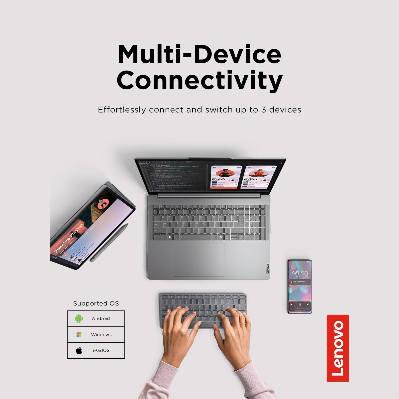 Lenovo Multi-Device Wireless Bluetooth Keyboard, Connect Up to 3 Devices Simultaneously, Compatible with iOS, Android, Windows, Slim Profile, Rechargeable, 60-Hour Battery Life, Iron Grey - Medaid International