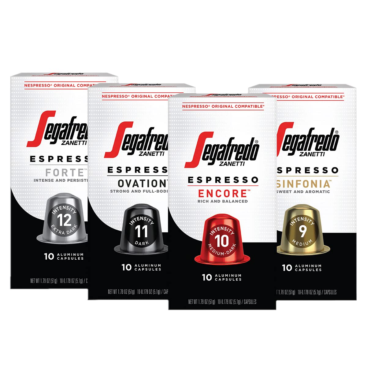 Segafredo Zanetti Espresso Capsules – Aluminum Pods for Nespresso Original Machines – 4 Flavor Variety Pack Premium Espresso – Forte, Ovation, Encore, and Sinfonia – Variety, 10 Count (Pack of 4)