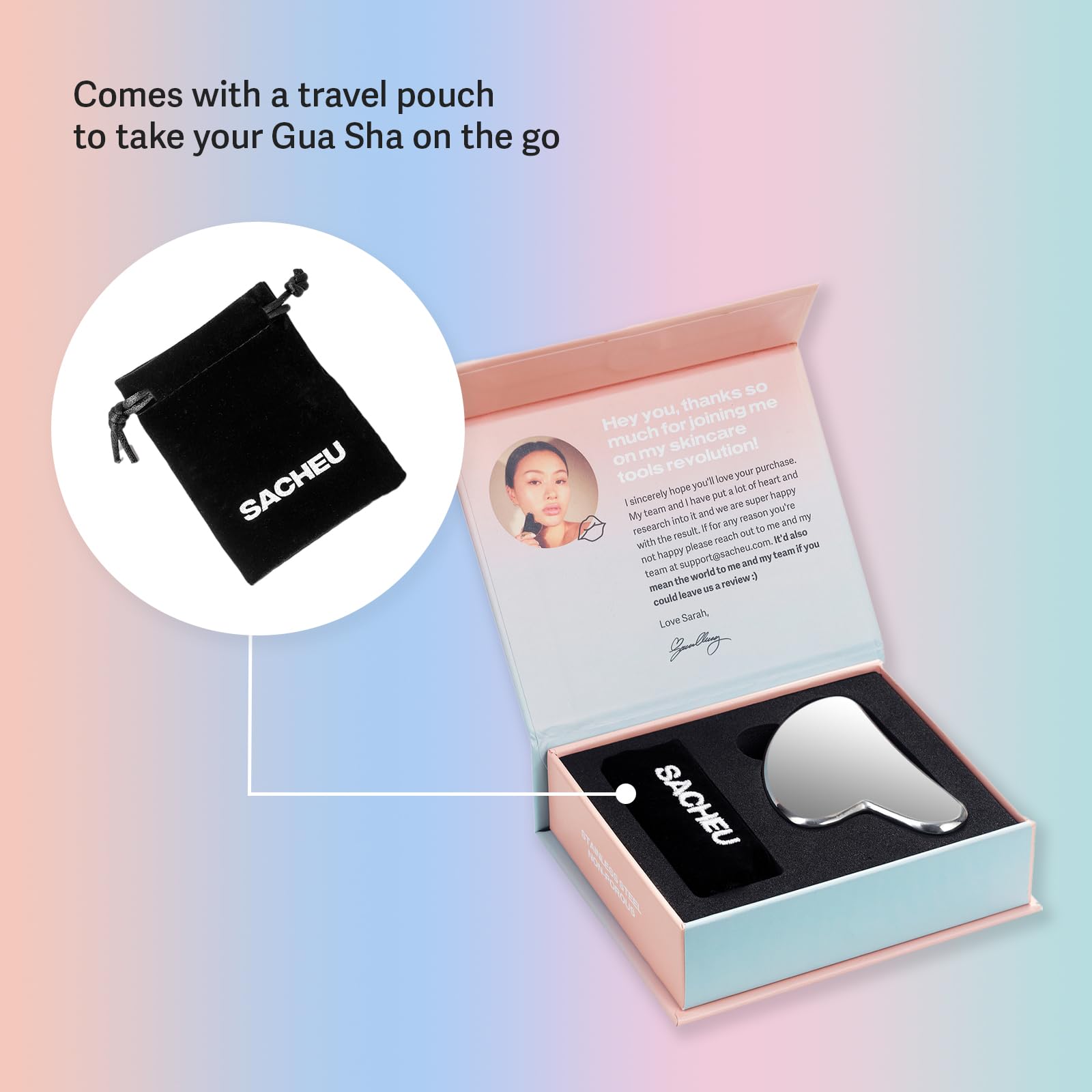 Sacheu Gua Sha Facial Tools Muscle Scraper — Face Gua Sha for Enhanced Lymphatic Drainage, Reduced Puffiness and Relieved Facial Tension, Metal Face Sculpting Tool with Travel Pouch - Medaid International