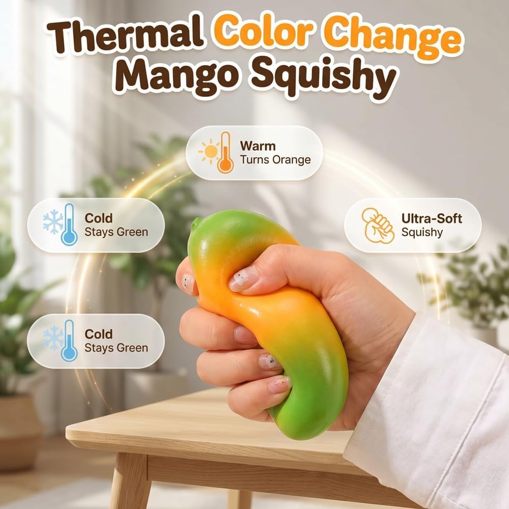 2 Pcs Crunchy Mango Fruit Squishy - Heat Activated Color Changing Mango Fidget Toy,Slow Rebound Clear Fruit Squeeze Fidget Toys Anxiety Relief Soft Stress Ball