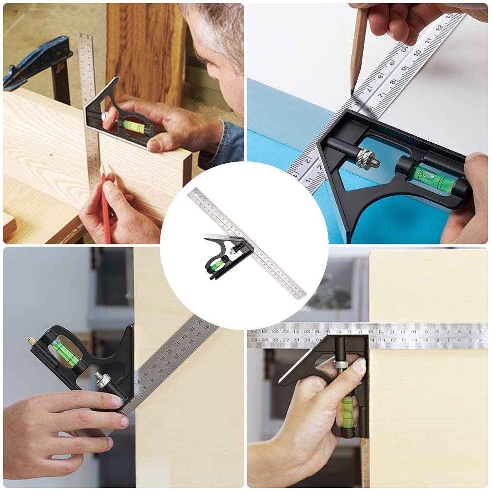 TERRIFI Combination Square 12Inch/300mm, Engineers Set Square, Stainless Steel Angle Ruler, Adjustable Carpentry Square 45/90 Degree with Bubble Level, Measuring Tool for Engineer Carpenter