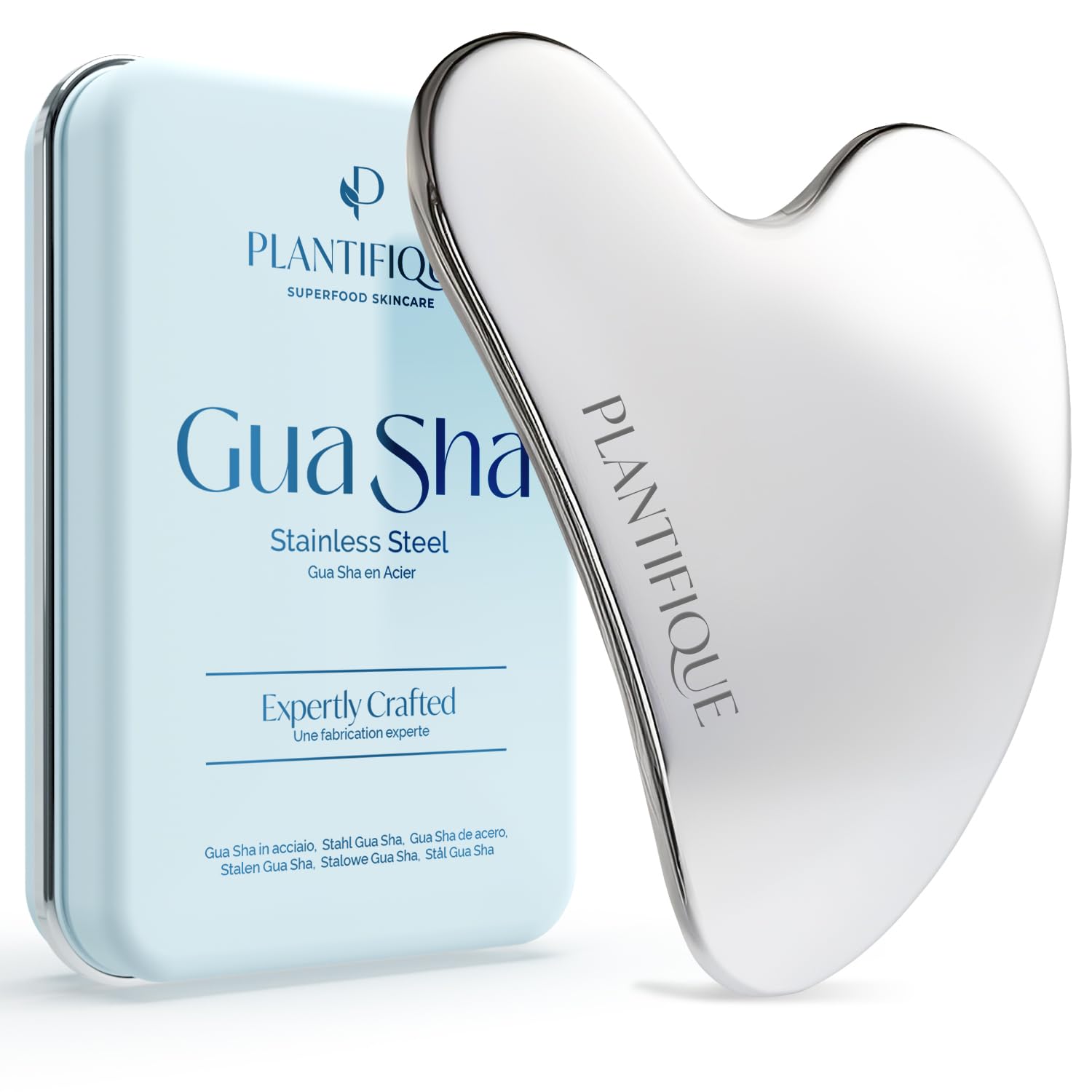 PLANTIFIQUE Stainless Steel Gua Sha | Facial Tool | Skin Massage for Face Body Eyes Neck Heart Style with Travel Pouch | Skin Care Gift - Medaid International