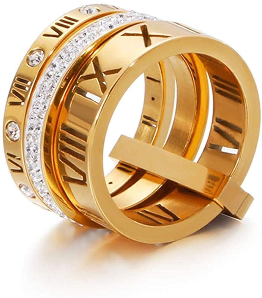 TERRIFI Stainless Steel Zirconia Rings for Women Girls Roman Numeral 3 in 1 Spinner Gold Weeding Ring Band, Women's Gold Wedding Band