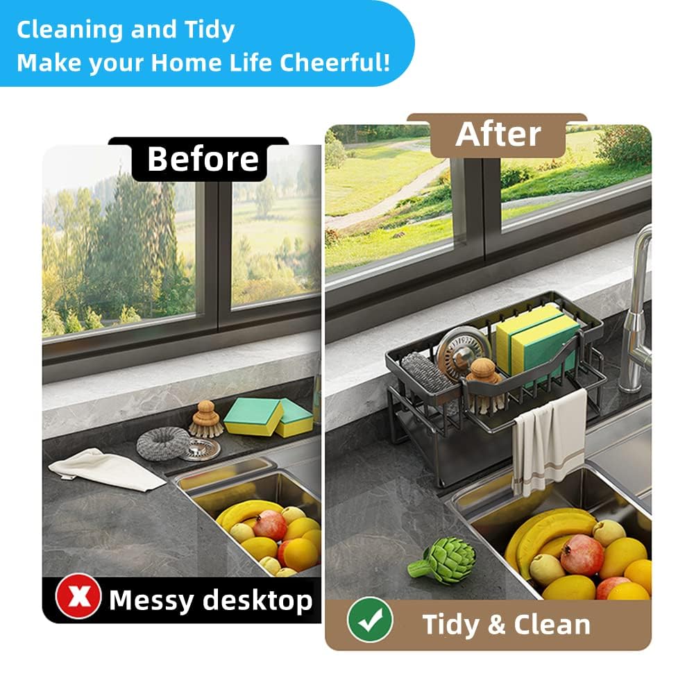 Terrifi Sink Caddy Organizer With Drain Tray, Sponge Holder For Kitchen Stainless Steel Perfect Sponge, Dish Soap Dispenser, Cleaning Towel, Scrubber, And Utensils
