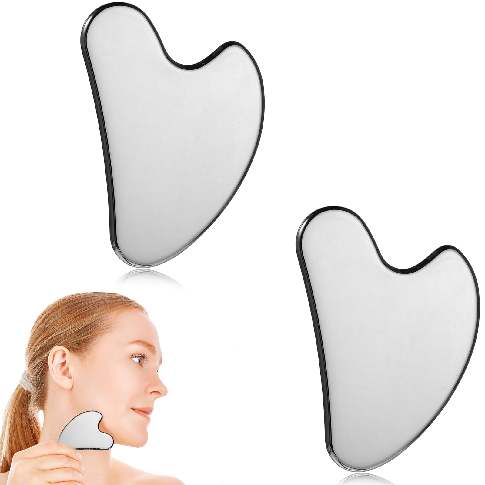 QFGasre 2 Pcs Stainless Steel Gua Sha Face Tools Metal Silver Guasha for Self Care Manual Massage Tool for Face and Body Treatment Back Muscles Pain Relief Puffiness Reducing Gift for Men Women - Medaid International