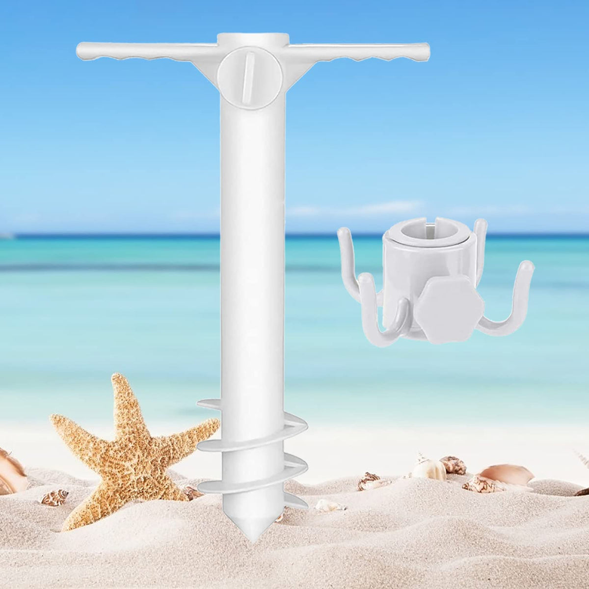 KASTWAVE Beach Umbrella Screw Sand Anchor Stand Holder, One Size Fits All, Umbrella Holder Stand Safe for Strong Wind with 4-prongs Hanging Hook