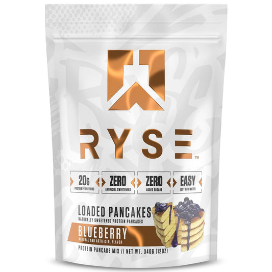 RYSE Loaded Protein Pancake & Waffle Mix - Blueberry - Naturally Sweetened Breakfast with 21g Protein, 3g MCTs and 2g Fiber - No Added Sugar - High Protein Snack for Clean Energy - 6 Servings - Medaid International