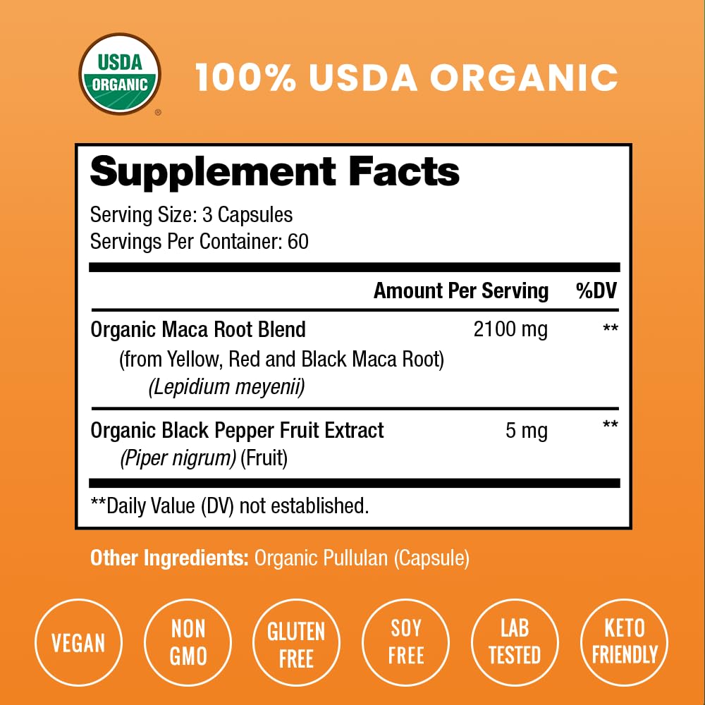 NutraChamps USDA Organic Maca Root Capsules for Women & Men, 2100mg, 180 Capsules, Black, Red & Yellow Peruvian Gelatinized, Highest Potency Maca Root Powder Supplement - Medaid International