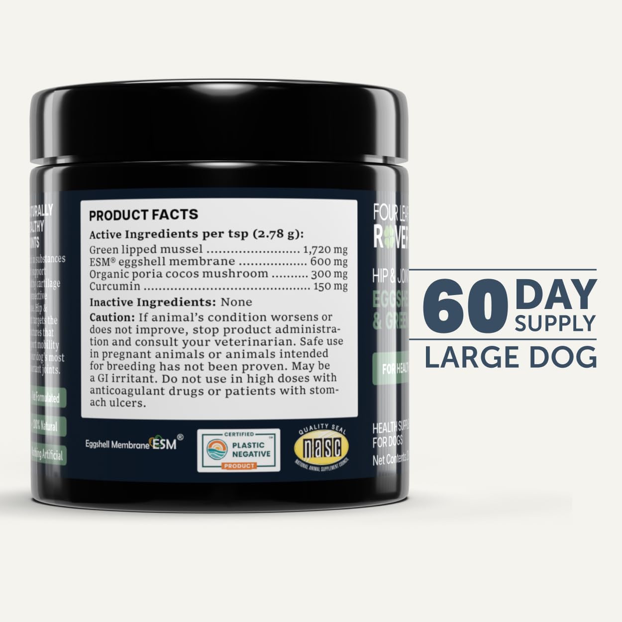 Four Leaf Rover Hip & Joint - Mobility & Joint Support with Glucosamine and Chondroitin for Dogs, 4.8 oz - 44 to 120 Day Supply, Depending on Dog’s Weight - Vet Formulated - Easy to Mix - Delicious