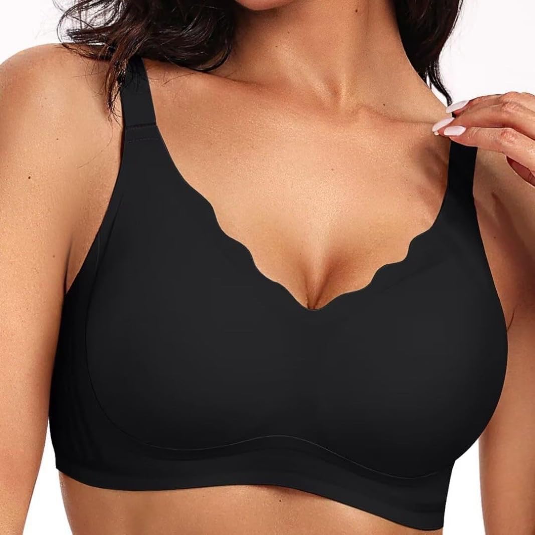 TERRIFI Women’s Wireless Jelly Bra, Size L, Seamless Full-Coverage Push-Up T-Shirt Bralette with W-Shaped Support Strip, Convertible Straps and Scalloped V-Neck, Recommended Weight 130–145 lb