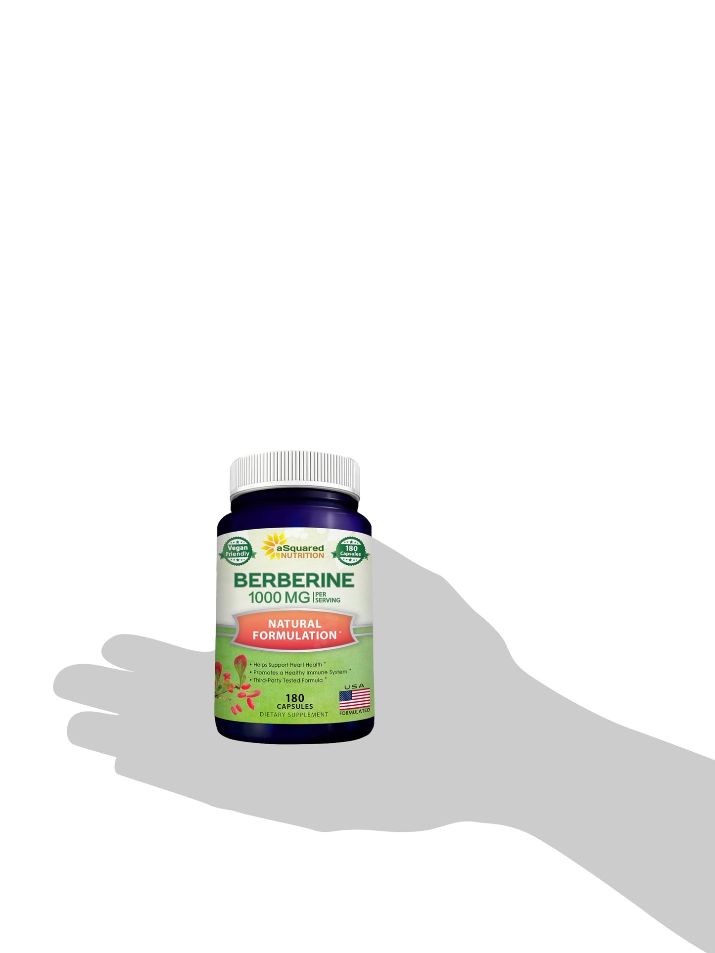 aSquared Nutrition Pure Berberine 1000mg Supplement - 180 Veggie Capsules, Natural Berberine Hydrochloride HCL Plus, Max Strength 1000 mg (2X 500mg), Potent Berberine Vegan Extract - Medaid International