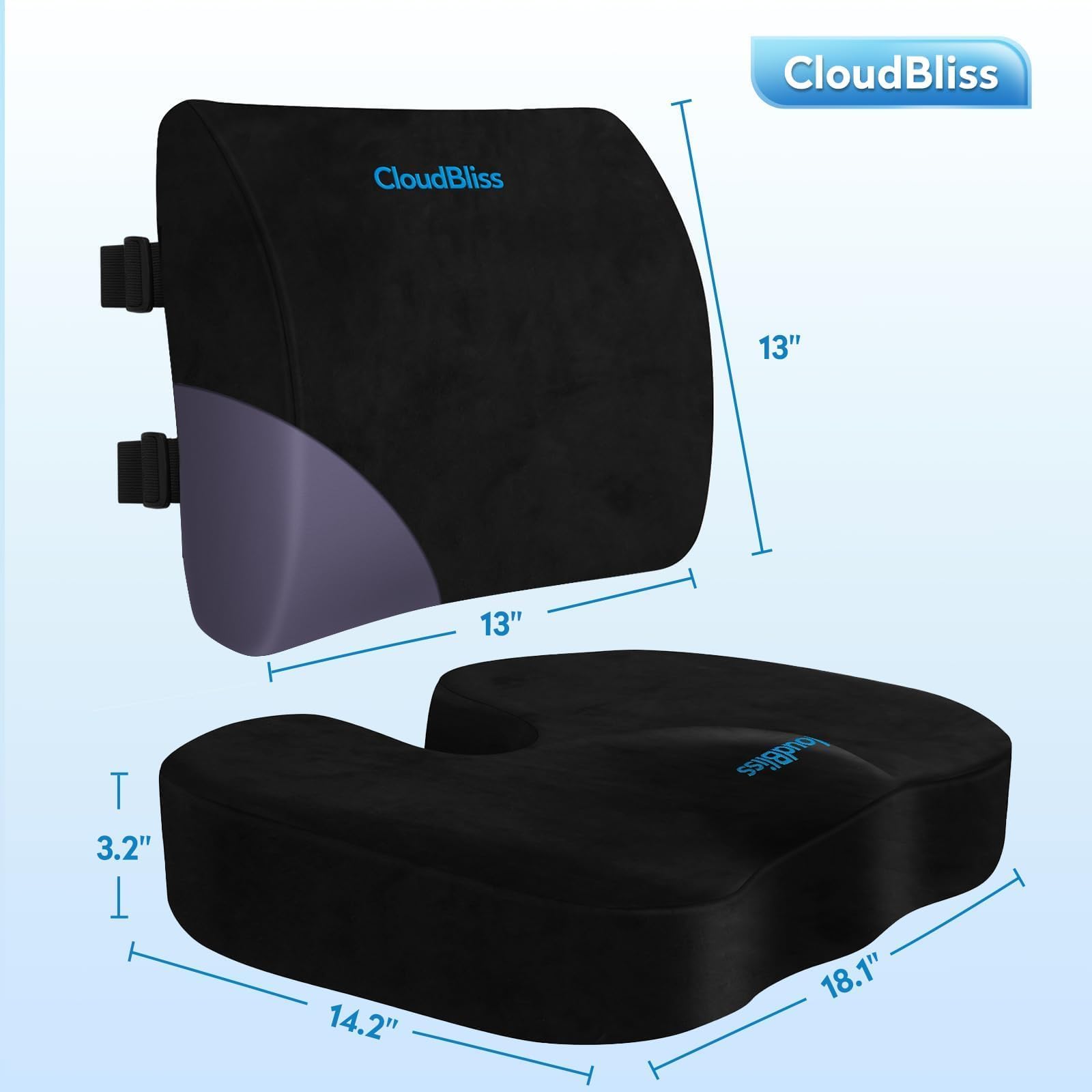 CloudBliss Seat Cushion,Office Chair Cushion,Car Seat Cushions,Lumbar Support Pillow for Office Chair,Back Support Memory Foam Pillow Coccyx Cushions for Tailbone Pain,Sciatica Back Pain Relief Black - Medaid International