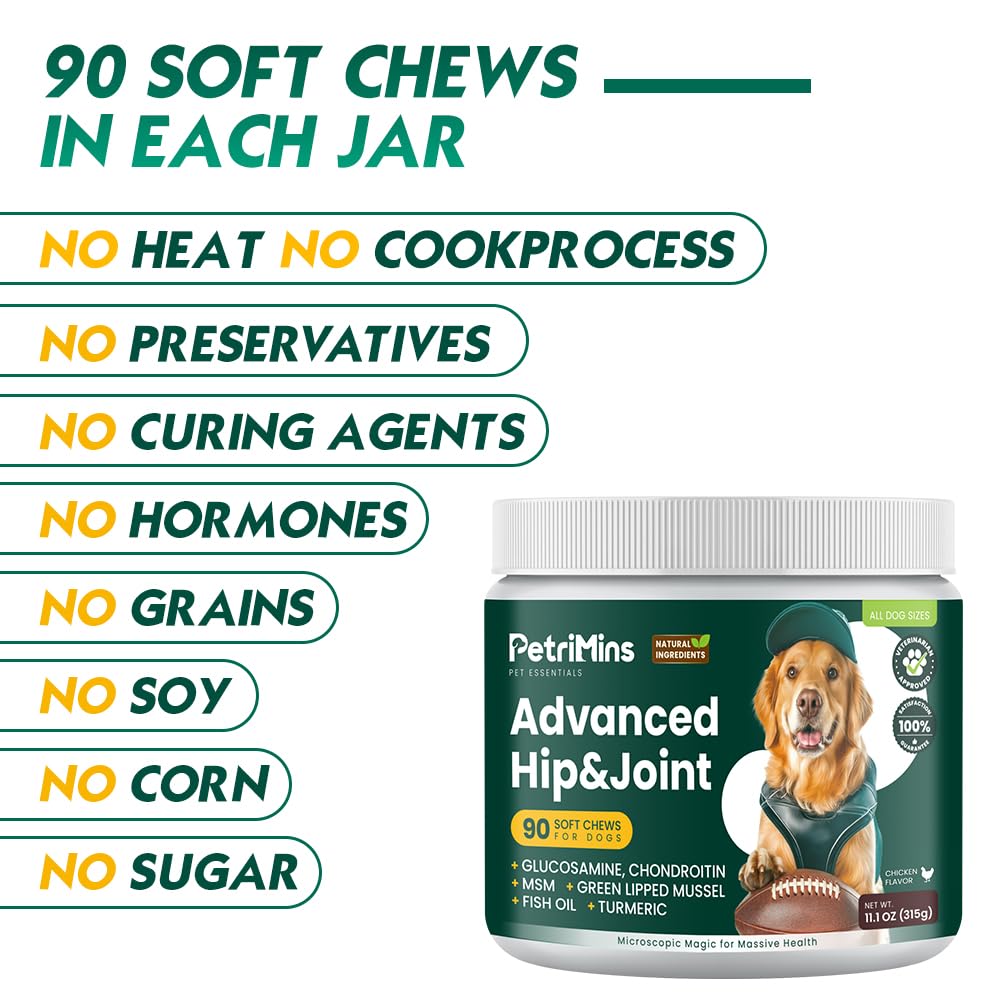 PetriMins Advanced Hip & Joint Supplement for Dogs with Glucosamine and Chondroitin, for Dogs Glucosamine, Organic Turmeric, Egg Shell Membrane, Green Lipped Mussel, 90-Count, Chicken