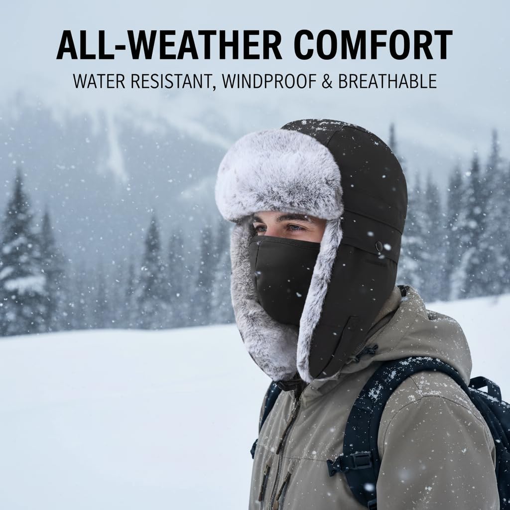 Winter Trapper Hat with Ear Flap Chin Strap and Removable Windproof Mask, KASTWAVE Unisex Warm Faux Fur Hunting Outdoor Hat