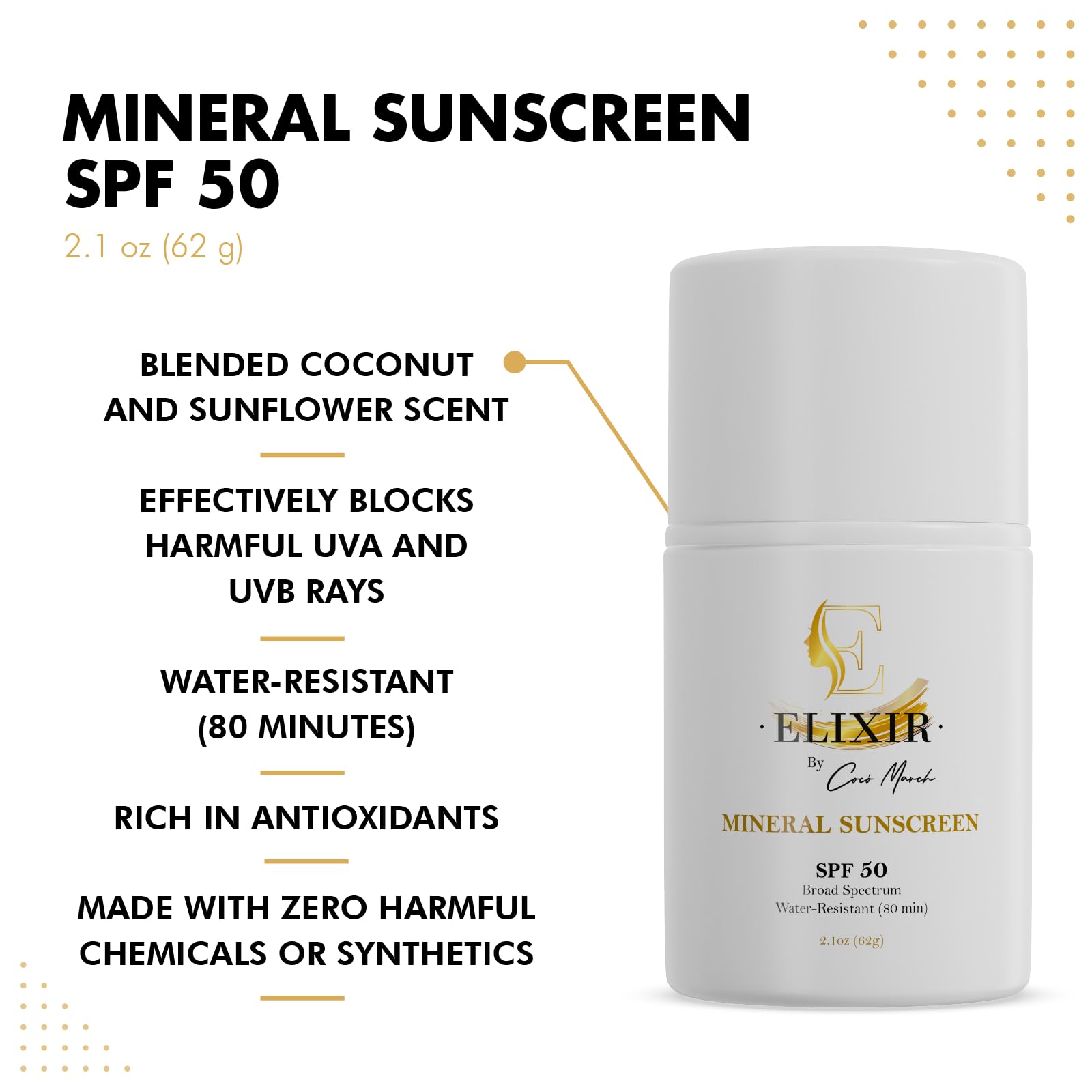 Elixir by Cocó March Broad Spectrum Mineral Sunscreen SPF 50 Sun Protection, Water-Resistant-80 min, Hydrates and Enhances Skin, Adults and Children- 2.1 Oz 59 g - Medaid International