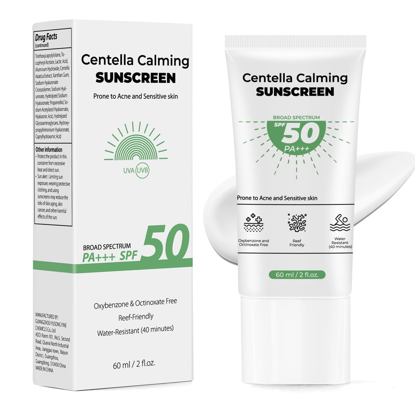Centella Sunscreen SPF 50 PA+++ - Hyalu CICA Water-Fit Sun Serum - No White Cast Sensitive Skin Calming Protector Solar 2 fl.oz - Medaid International