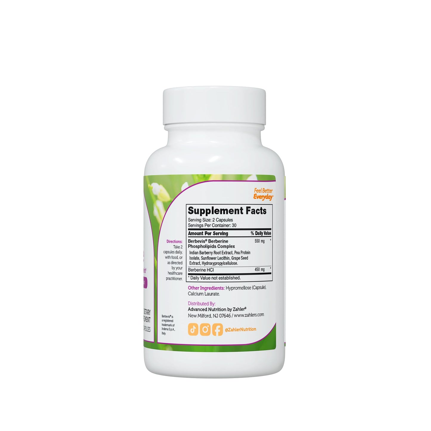 Zahler Berberine with Clinically Evaluated Berbevis, Metabolism and Glucos Support Formula, 60 Capsules. - Medaid International
