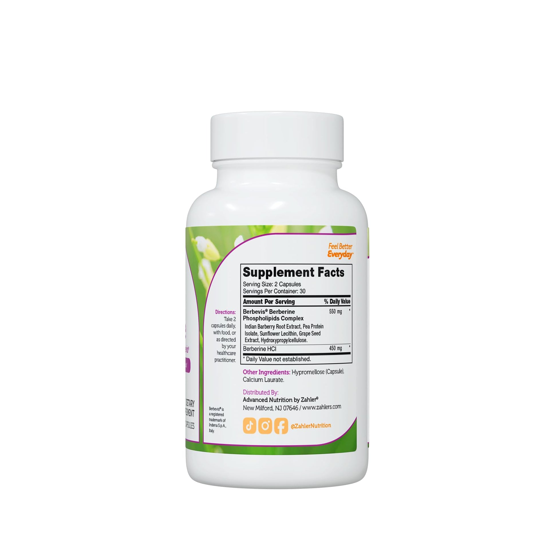 Zahler Berberine with Clinically Evaluated Berbevis, Metabolism and Glucos Support Formula, 60 Capsules. - Medaid International
