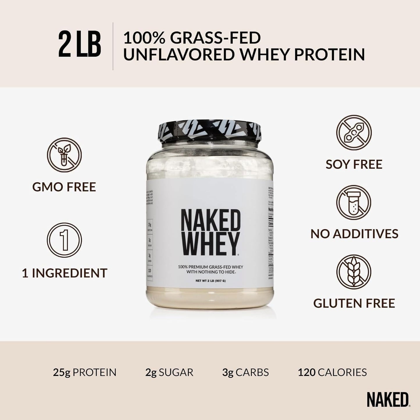 NAKED Whey 2LB 100% Grass Fed Whey Protein Powder - Only 1 Ingredient, Unflavored Whey Protein, Undenatured, Gluten Free, Soy Free, No GMOs, No Preservatives - Medaid International