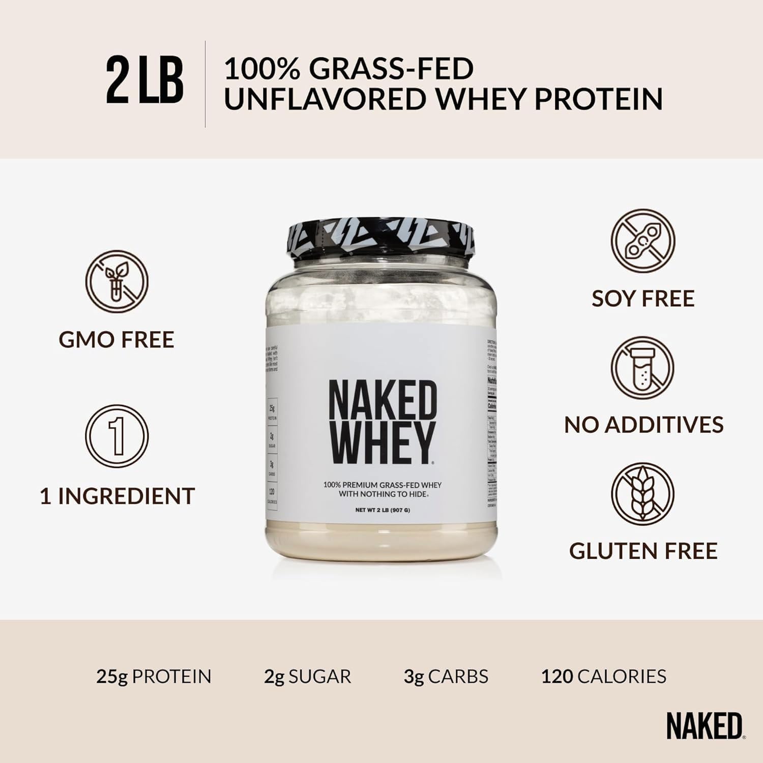 NAKED Whey 2LB 100% Grass Fed Whey Protein Powder - Only 1 Ingredient, Unflavored Whey Protein, Undenatured, Gluten Free, Soy Free, No GMOs, No Preservatives - Medaid International