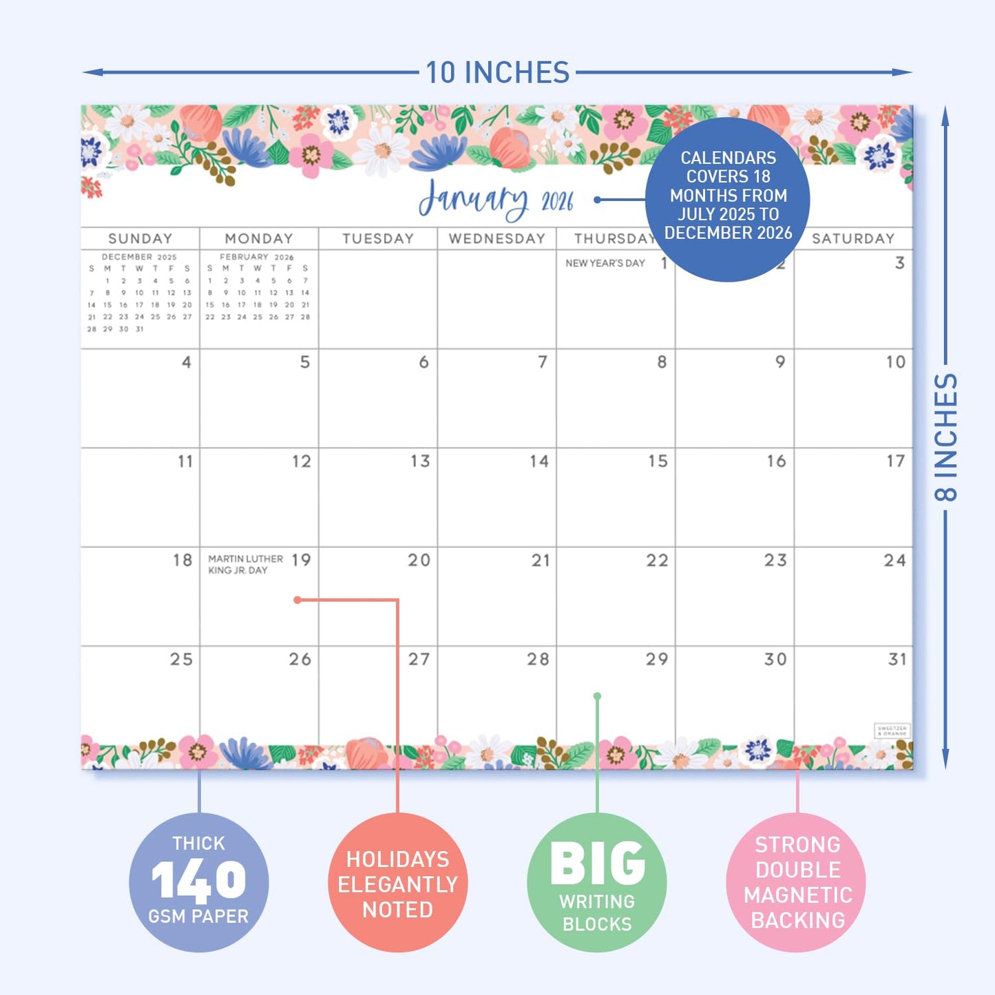 S&O Floral Magnetic Fridge Calendar from July 2025-Dec 2026 - Tear-Off Refrigerator Calendar to Track Events & Appointments - 18 Month Magnetic Planner for Fridge for Easy Planning - 8"x10" in. - Medaid International