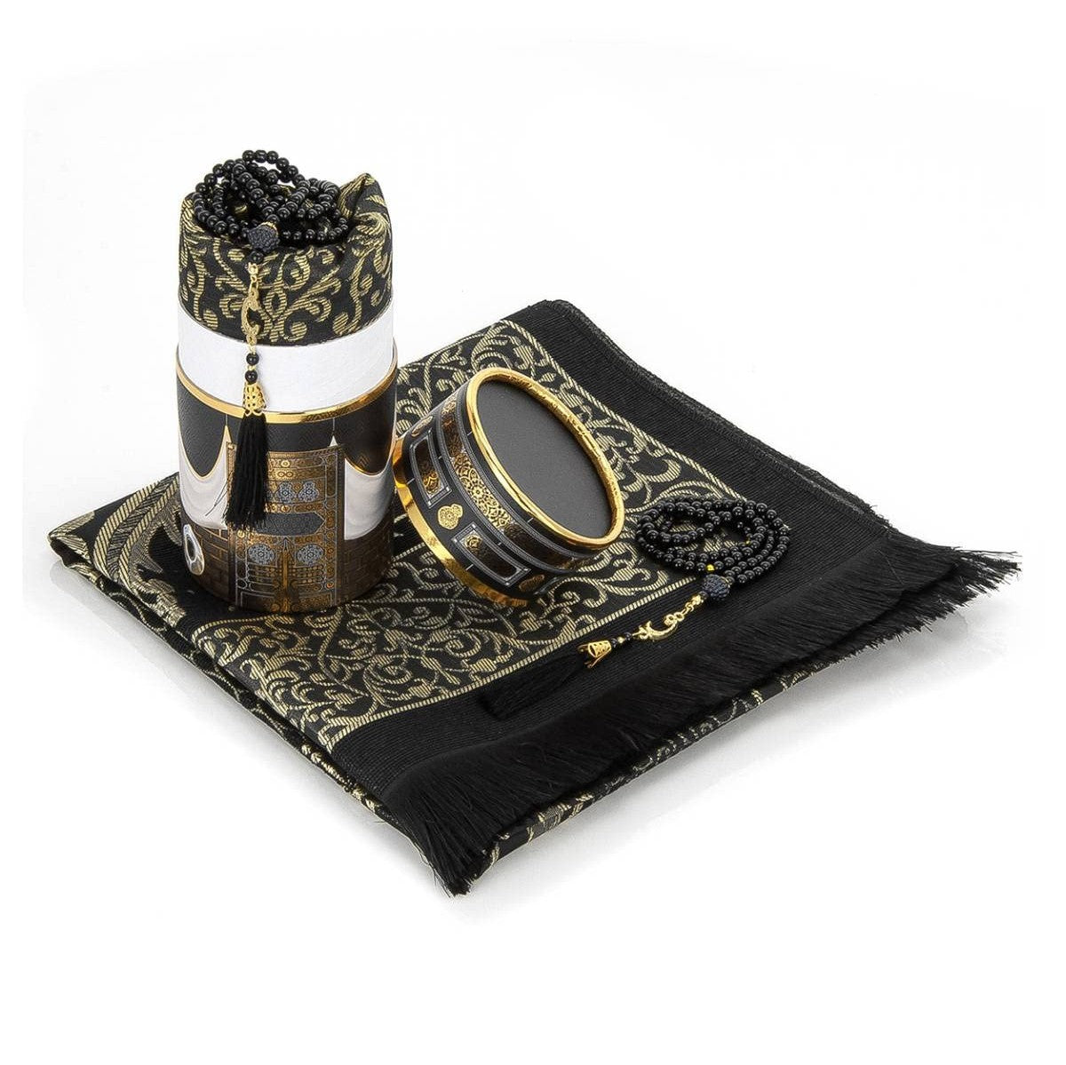 ihvan online Muslim Soft Prayer Rug, Carpet Mat and Prayer Beads with Elegant Design Cylinder Gift Box Set, Janamaz, Sajadah, Islamic, Taffeta Fabric, Black / Mod2 - Medaid International