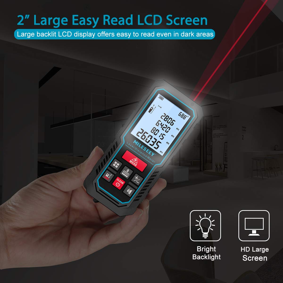 Laser Measure Device, MiLESEEY 393ft Digital Laser Tape Measure with Upgrade Electronic Angle Sensor, 2mm Accuracy, Area Measurement,Volume and Pythagoras, 2" LCD Backlit,Mute, Battery Included - Medaid International