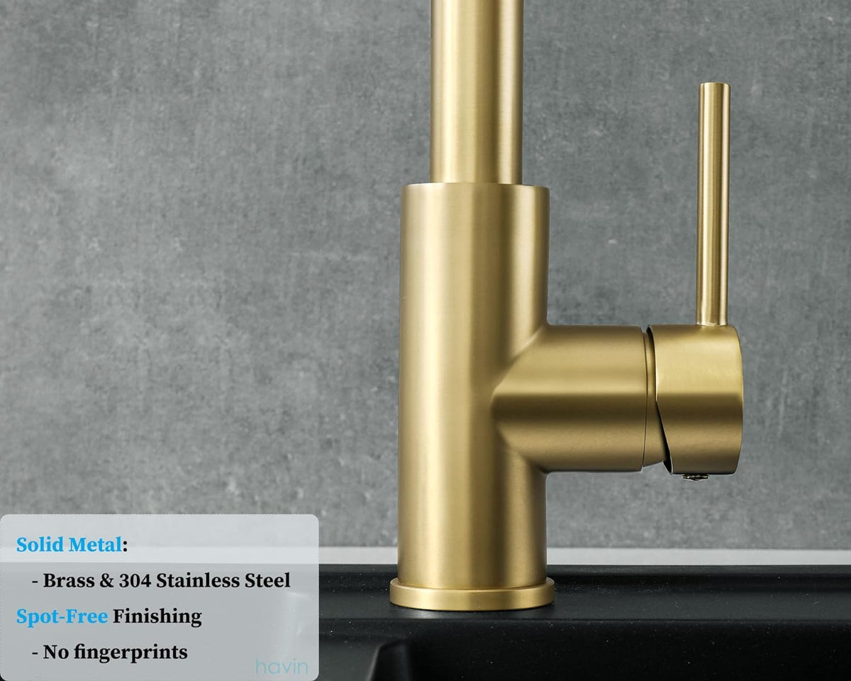 Havin HV601 Kitchen Faucet,Brushed Gold Color, cUPC Certificate for The Cartridge,Fit for 1 and 3 Holes Kitchen Sink,Brassy Yellow-Greenish,Gold Color