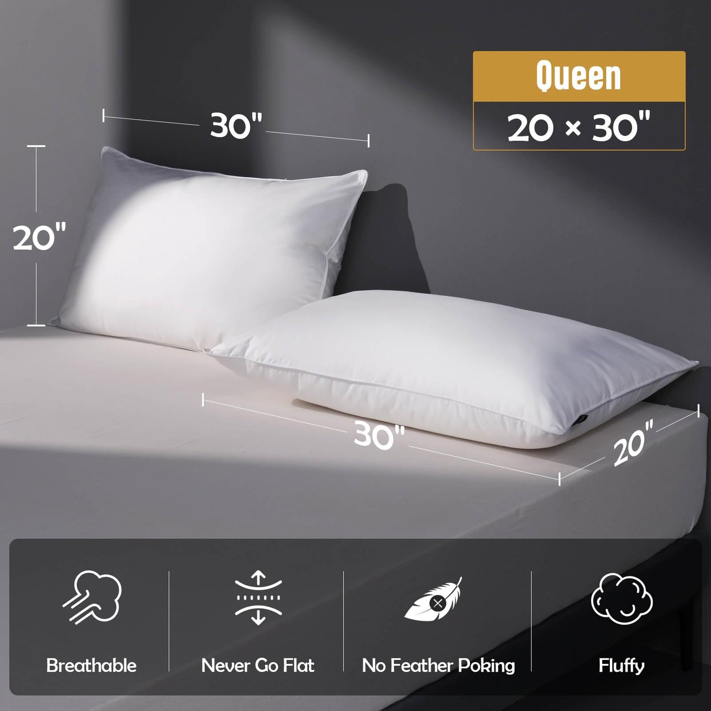 Luxury Feather Down Pillow Queen Size Set of 2 Pack, 100% Cotton Hotel Collection Bed Pillows for Sleeping, Down Surrounded Soft Medium Firm Pillows for Side Back Stomach Sleepers 20" x 30" - Medaid International