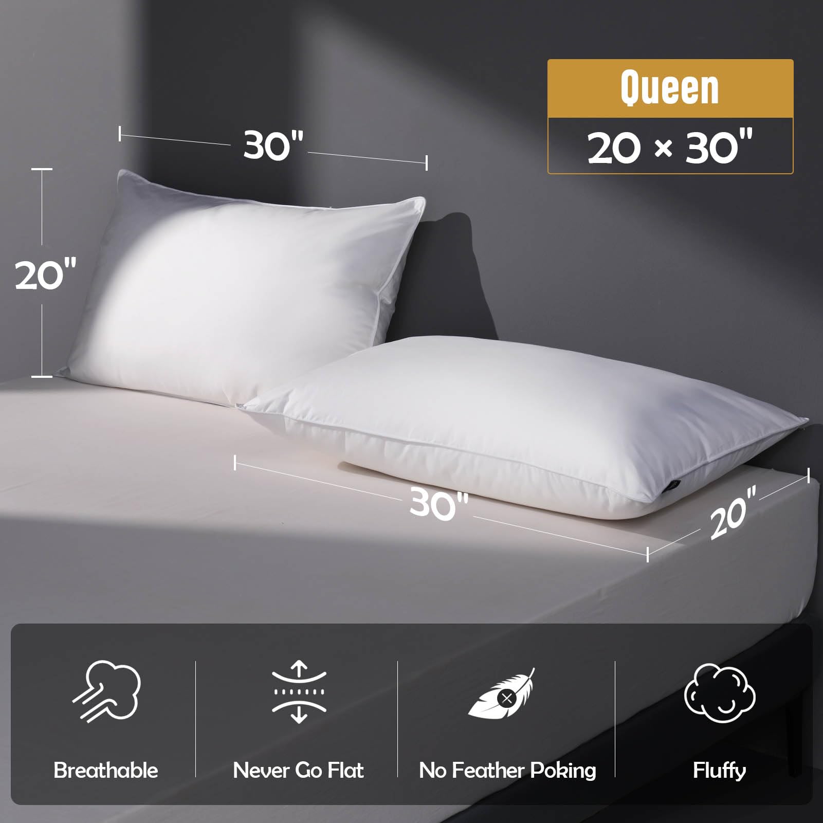 Luxury Feather Down Pillow Queen Size Set of 2 Pack, 100% Cotton Hotel Collection Bed Pillows for Sleeping, Down Surrounded Soft Medium Firm Pillows for Side Back Stomach Sleepers 20" x 30" - Medaid International