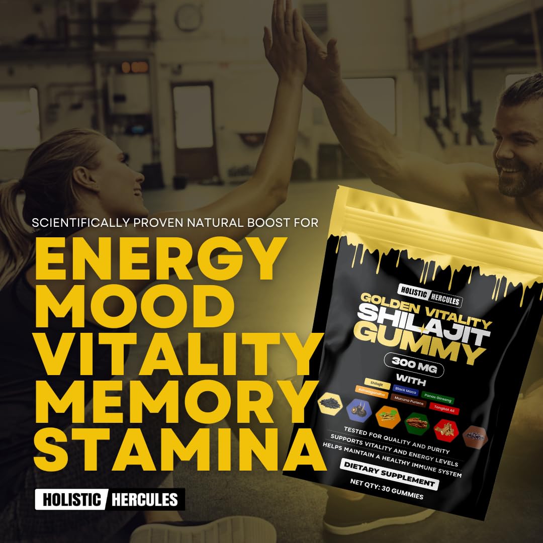 Holistic Hercules Himalayan Gold Shilajit Gummies with Ashwagandha Black Maca Tongkat Ali Panax Ginseng Mucuna | 100% Natural Organic | Vegan Non-GMO Sugar-Free (30) - Medaid International