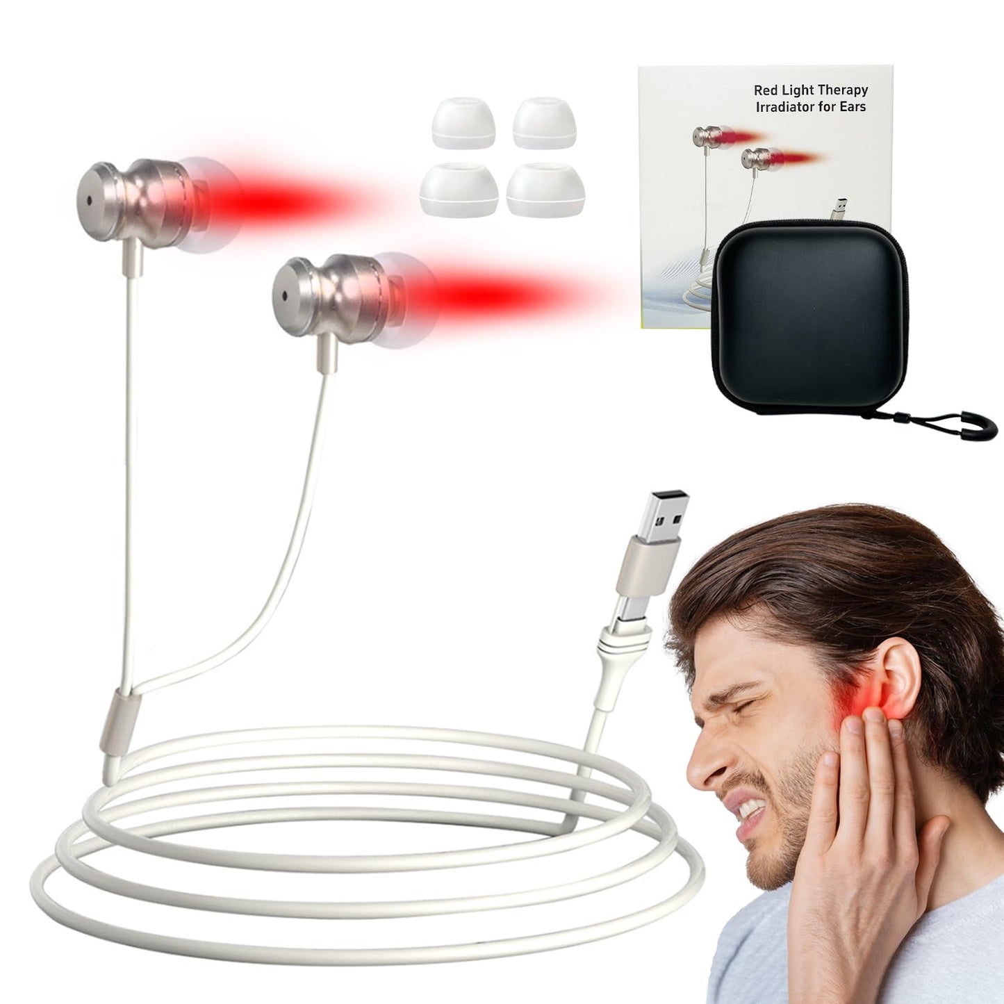 Red Light Therapy Device for Ears, 650nm USB Rechargeable Ear Therapy for Soothing & Improved Circulation, Includes 2 Pairs of Ear Canal Silicone Covers (White) - Medaid International
