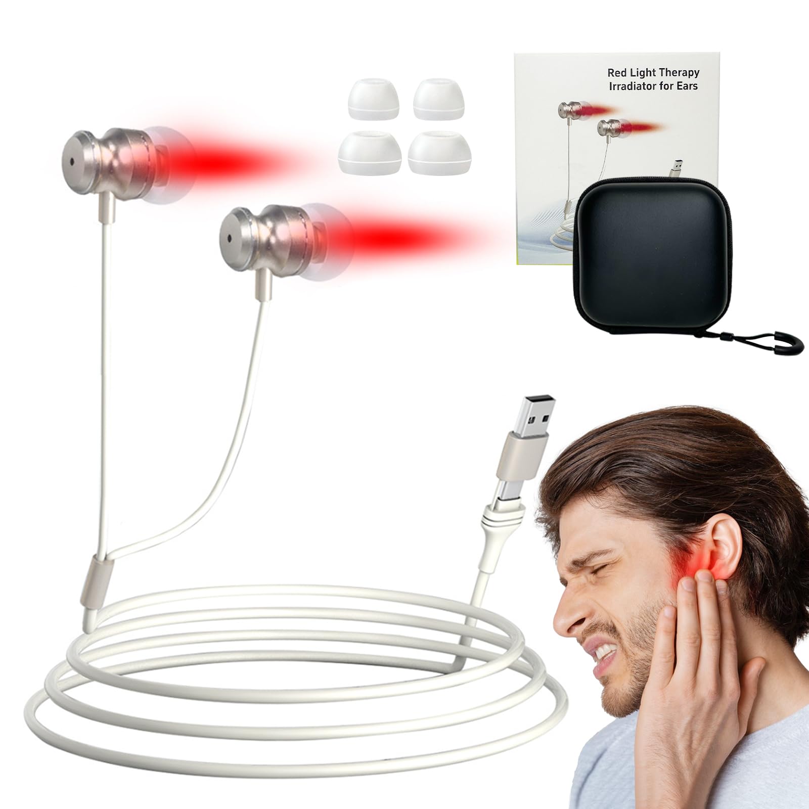 Red Light Therapy Device for Ears, 650nm USB Rechargeable Ear Therapy for Soothing & Improved Circulation, Includes 2 Pairs of Ear Canal Silicone Covers (White) - Medaid International