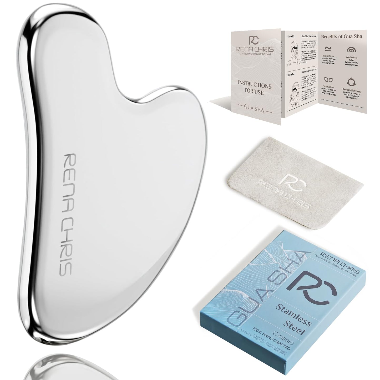 Rena Chris Gua Sha Facial Tools, Stainless Steel Guasha Tool for Acupuncture, Manual Massage Tool for Jawline Sculpting and Puffiness Reducing, Gua Sha Facial Massage Tool, Skin-Care Gift - Medaid International