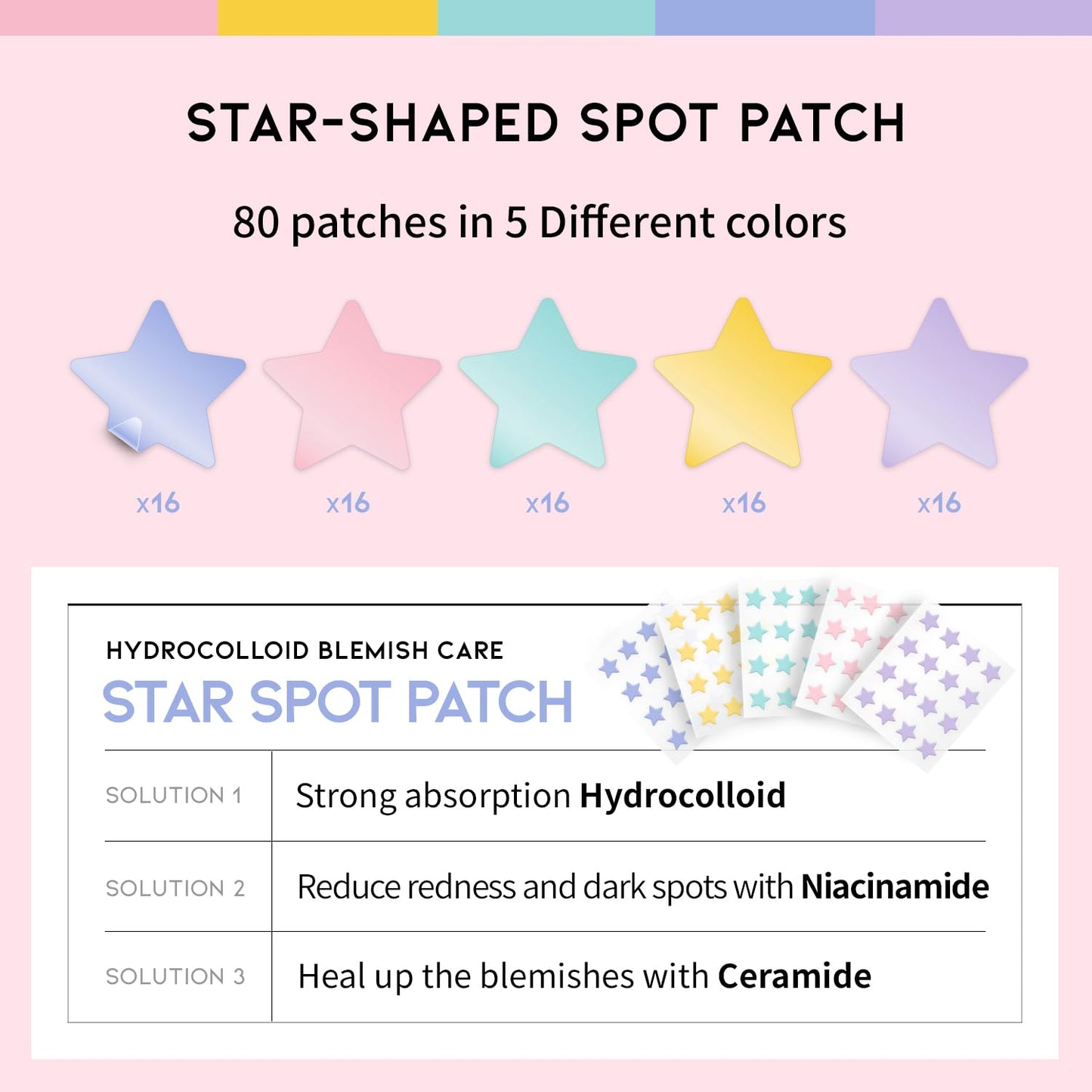 Star Spot Acne/Pimple Patch For Face, Hydrocolloid, Niacinamide, Ceramide, Cute Pastel Colors, Protecting & Healing, Prevent scarring, Blemish remover, Ideal for Blemish Spots, made in Korea 80 counts - Medaid International