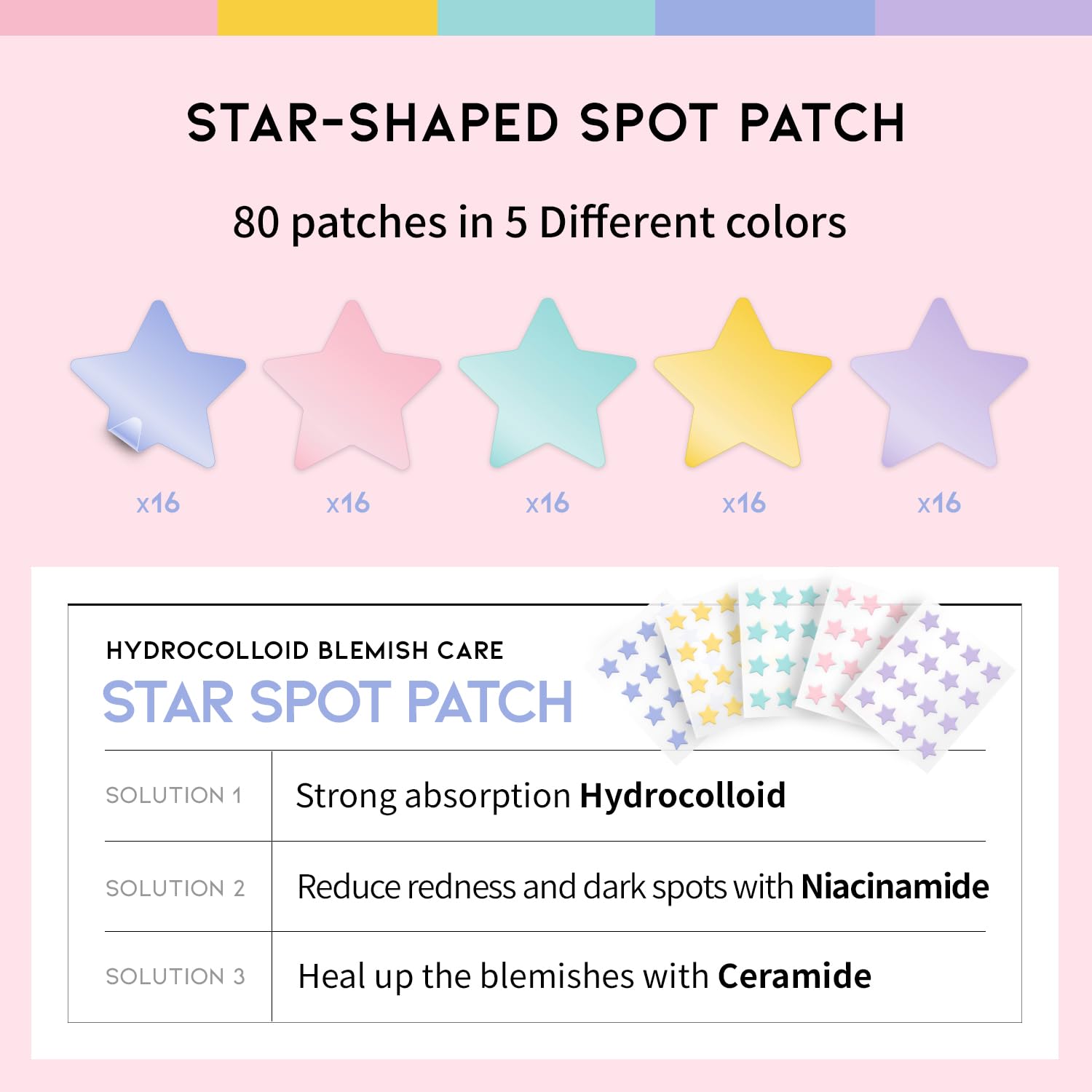 Star Spot Acne/Pimple Patch For Face, Hydrocolloid, Niacinamide, Ceramide, Cute Pastel Colors, Protecting & Healing, Prevent scarring, Blemish remover, Ideal for Blemish Spots, made in Korea 80 counts - Medaid International