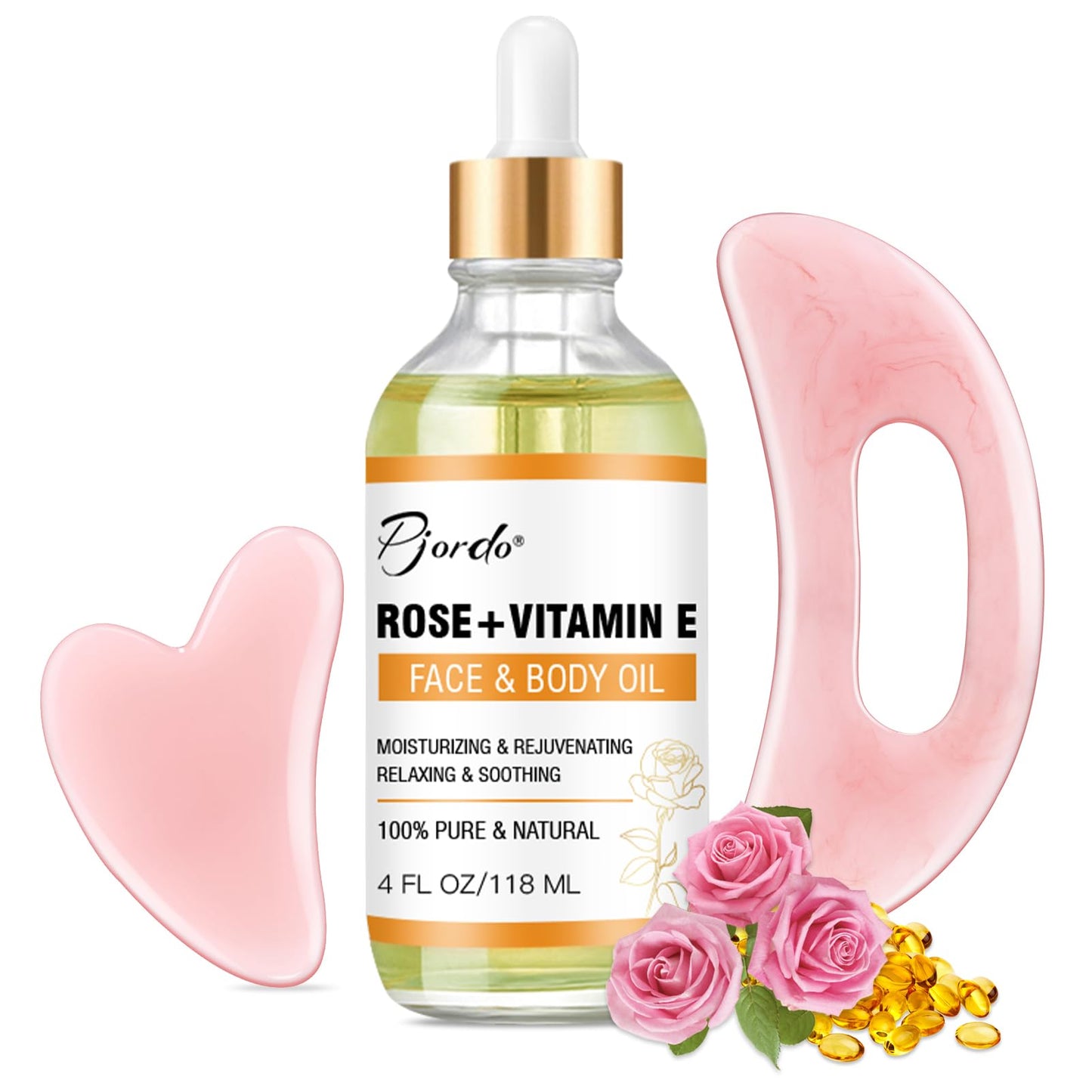 Pjordo Vitamin E Rose Oil & Gua Sha Massage Tools Set, Gua Sha Oil for Face & Body, Organic Vitamin E Oil for Moisturizing and Hydrating, Anti Aging, Spa Gifts for Him Her - Medaid International