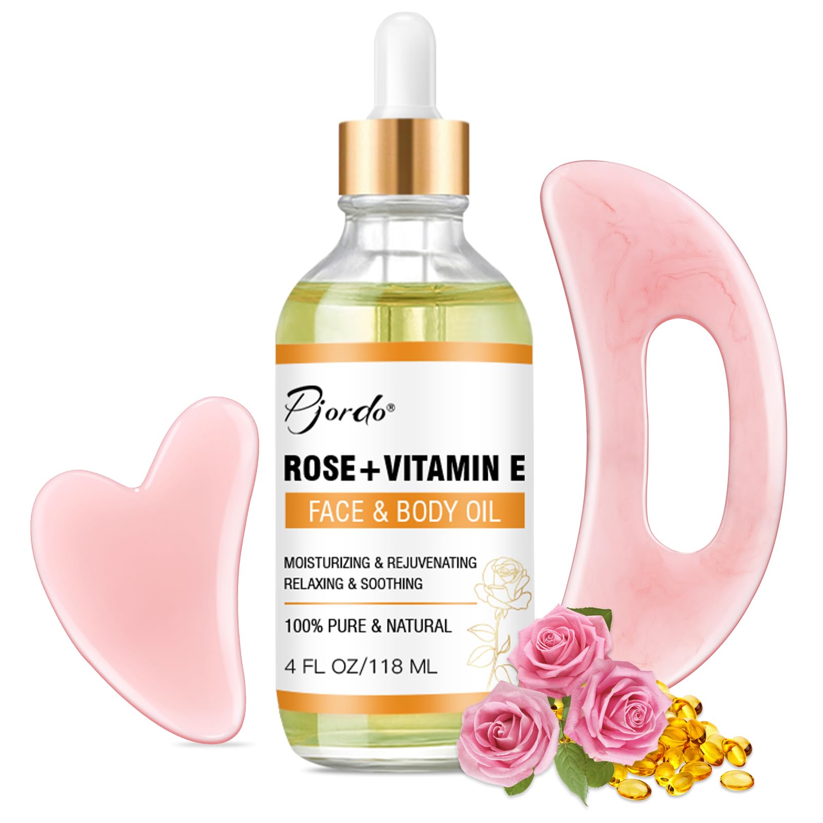 Pjordo Vitamin E Rose Oil & Gua Sha Massage Tools Set, Gua Sha Oil for Face & Body, Organic Vitamin E Oil for Moisturizing and Hydrating, Anti Aging, Spa Gifts for Him Her - Medaid International