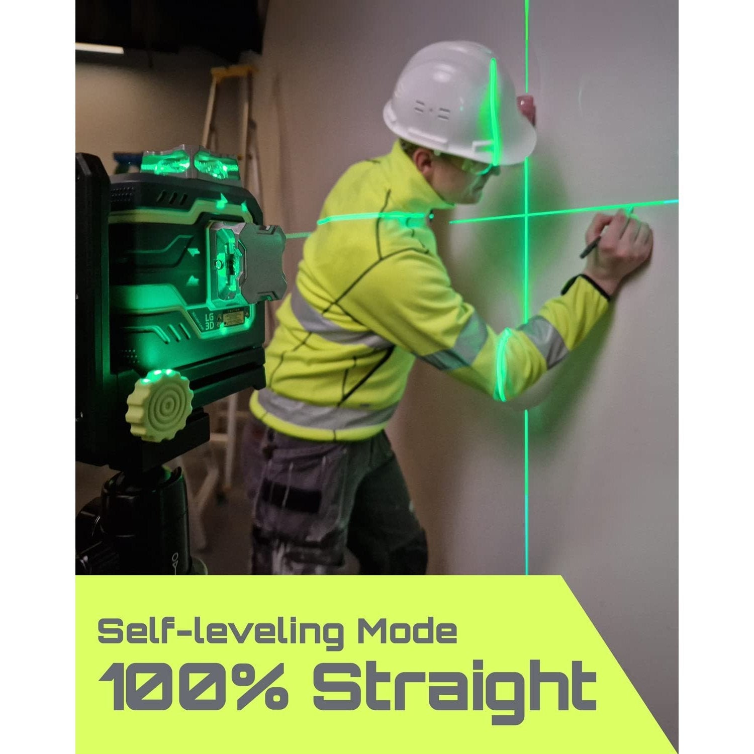 LasGoo LG-3D Laser Level Self Leveling 3x360°, 3D Green Beam Cross Line Laser for Construction and Picture Hanging, 2 Rechargeable Batteries (20 Hrs), Magnetic Liftable Stand Included, Green - Medaid International