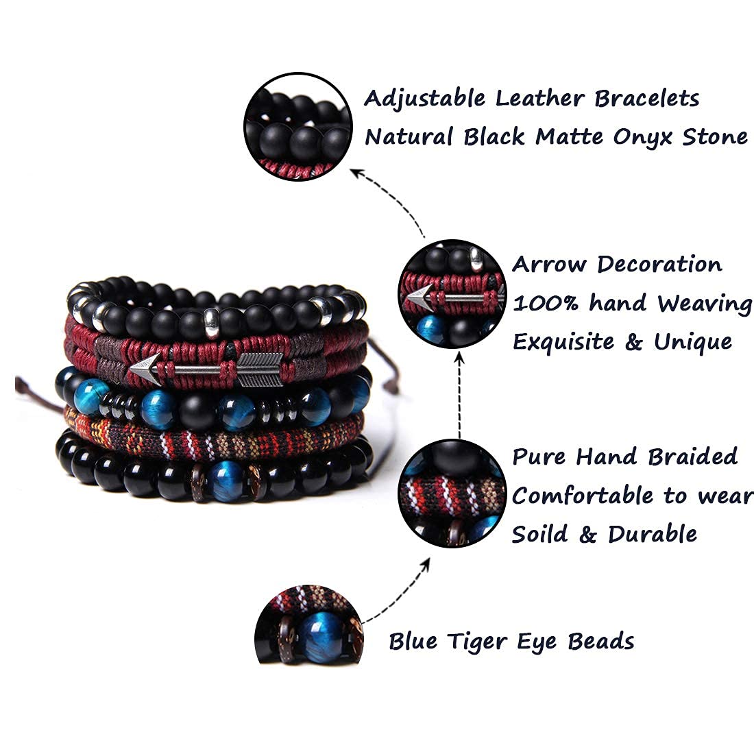 TERRIFI Braided Leather Bracelets for Men Women Wrap Tiger Eye Lava Rock Beads Bracelet Woven Ethnic Tribal Rope Wristbands Bracelets Set Adjustable