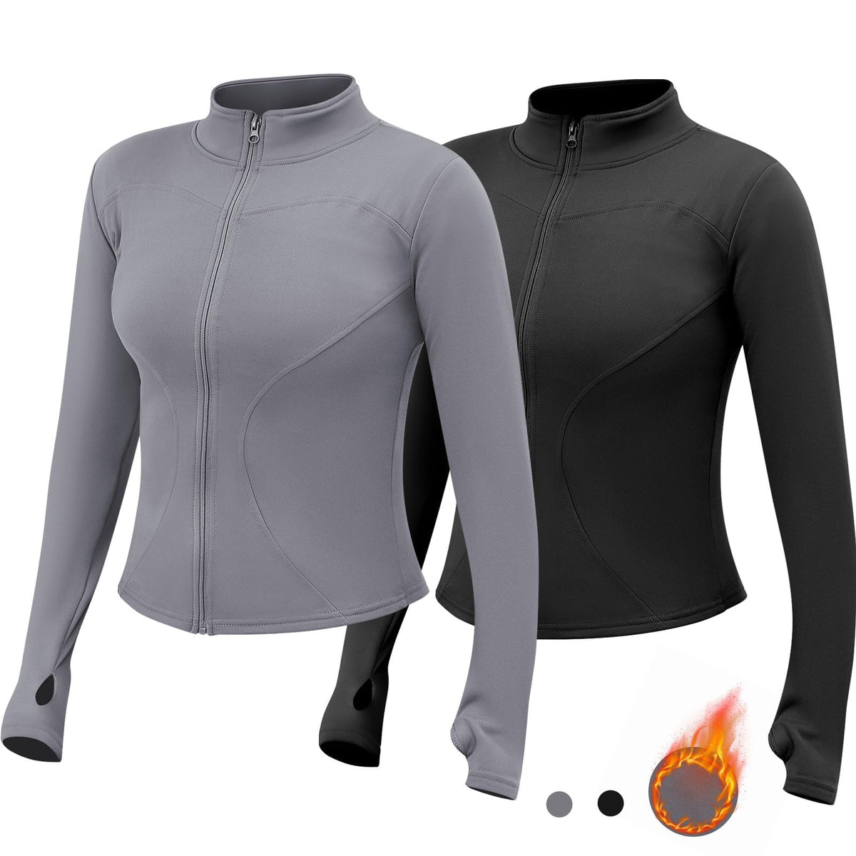 TERRIFI Womens Thermal Gym Tops Shirts 2 Pcs Zip up Long Sleeve Womens Sport Jacket Sports Yoga Tops for Gym Yoga Running Hiking Cycling Black and Grey, M