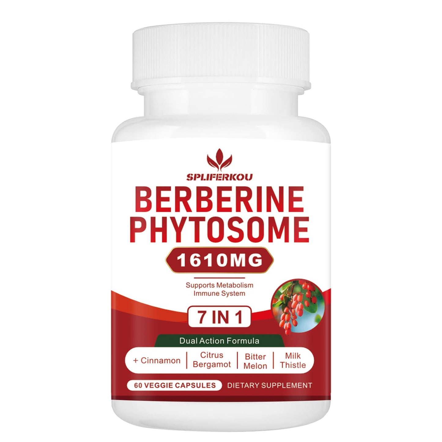 Spliferkou 7-in-1 Berberine Phytosome with Ceylon Cinnamon, Berberine Complex Supports Metabolic, Liver Function and Immune System, Non-GMO, Gluten-Free - 60 Capsules - Medaid International