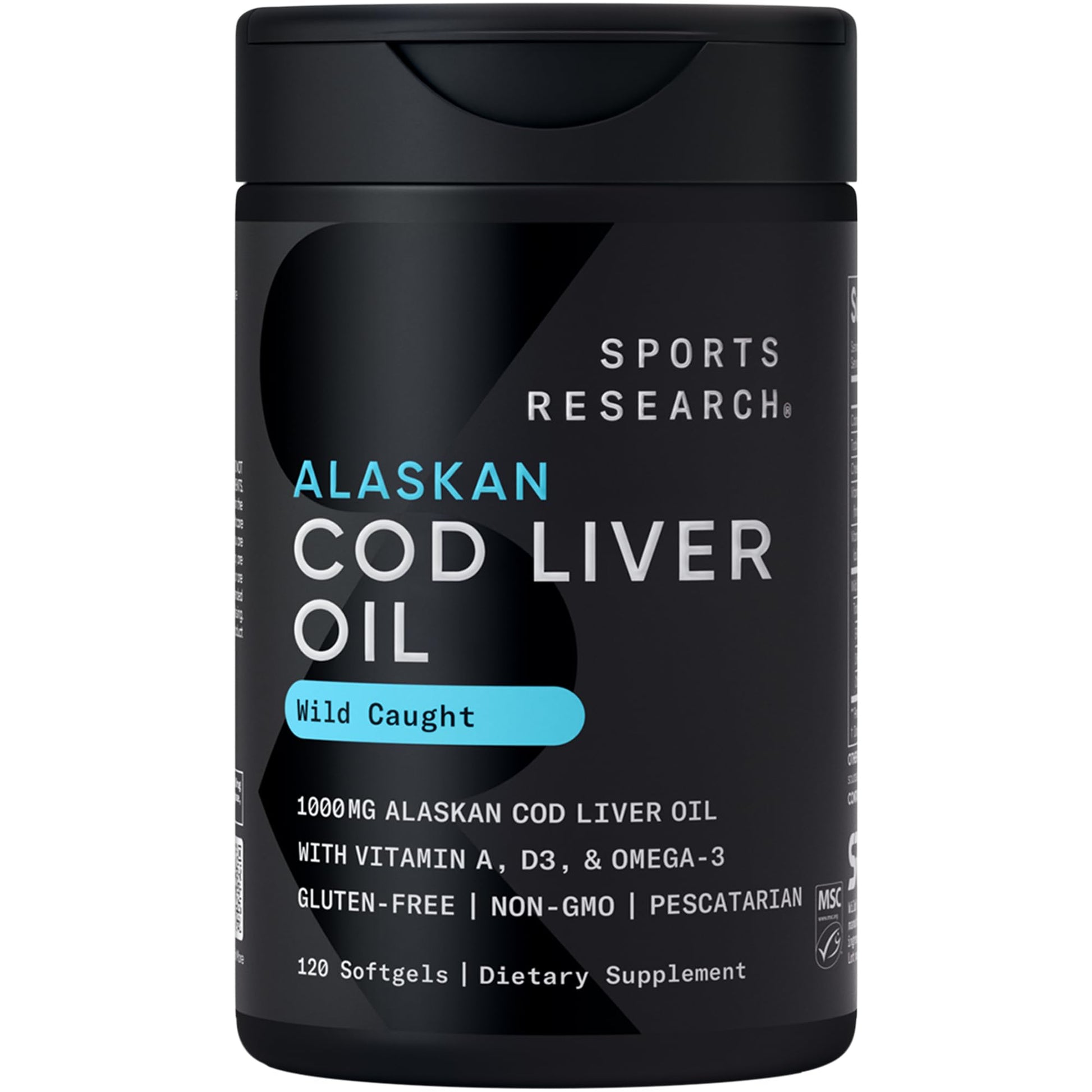 Sports Research® Omega-3 Wild Alaskan Cod Liver Oil 1000mg with Vitamins A (1000 IU) & D3 (400 IU) - Burpless, Bovine Free, Non-GMO, & MSC Certified Sustainable - 120 Softgels - Medaid International